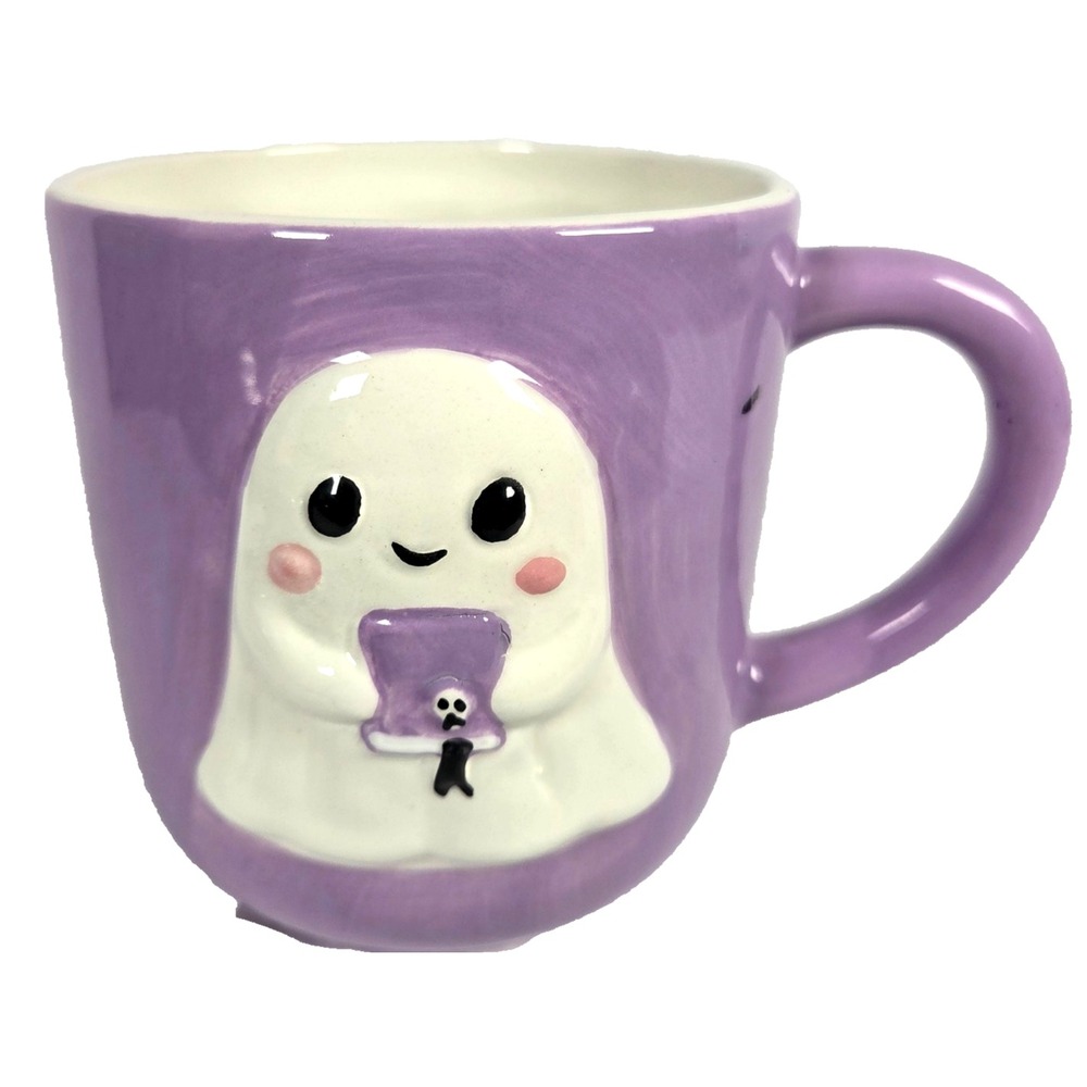 Cute Ghost Coffee Mug Purple Halloween Ceramic 4.5 Inch Booville New